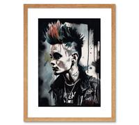 Artery8 Wall Art Print Punk Rock Music Fashion Young Man with a Mohawk Modern Watercolour Painting Artwork Framed 9X7 Inch in Beige | Size: W7" x H9" Artery8 Beige W7" x H9"