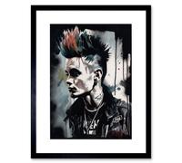 Artery8 Wall Art Print Punk Rock Music Fashion Young Man with a Mohawk Modern Watercolour Painting Artwork Framed 9X7 Inch in Black | Size: W7" x H9" Artery8 Black W7" x H9"