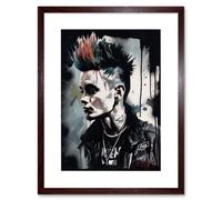 Artery8 Wall Art Print Punk Rock Music Fashion Young Man with a Mohawk Modern Watercolour Painting Artwork Framed 9X7 Inch in Brown | Size: W7" x H9" Artery8 Brown W7" x H9"