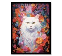 Artery8 Pure White Cat Lover Gift Pet Portrait Colourful Artwork Painting Artwork Framed Wall Art Print A4