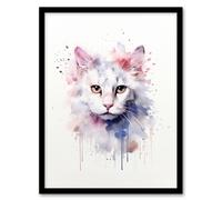 Artery8 Wall Art Print Pure White Cat Lovers Gift Watercolour Pet Portrait Painting Artwork Art Framed | Size: A4 Artery8 Multicolor A4