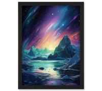 Wall Art Print Purple Aurora Borealis Dawn in Antarctica Oil Painting Blue Green Enchanting Arctic Ice Fantasy Landscape Artwork Framed A4 Artery8 Black A4