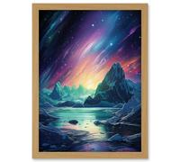 Wall Art Print Purple Aurora Borealis Dawn in Antarctica Oil Painting Blue Green Enchanting Arctic Ice Fantasy Landscape Artwork Framed A4 Artery8 Light Oak A4