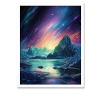 Artery8 Wall Art Print Purple Aurora Borealis Dawn in Antarctica Oil Painting Blue Green Enchanting Arctic Ice Fantasy Landscape Art Framed Artery8 White W12" x H16"
