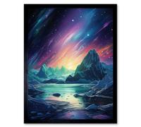Artery8 Wall Art Print Purple Aurora Borealis Dawn in Antarctica Oil Painting Blue Green Enchanting Arctic Ice Fantasy Landscape Art Framed Artery8 Black W12" x H16"