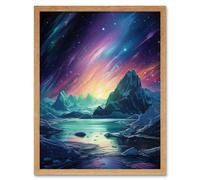 Artery8 Wall Art Print Purple Aurora Borealis Dawn in Antarctica Oil Painting Blue Green Enchanting Arctic Ice Fantasy Landscape Art Framed Artery8 Light Oak W12" x H16"