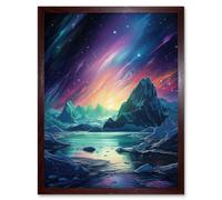 Artery8 Wall Art Print Purple Aurora Borealis Dawn in Antarctica Oil Painting Blue Green Enchanting Arctic Ice Fantasy Landscape Art Framed Artery8 Brown W12" x H16"