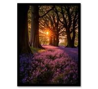 Artery8 Wall Art Print Purple Bluebell Woods At Dawn Sunrise Peaceful Elegant Artwork Art Framed in Black | Size: W12" x H16" Artery8 Black W12" x H16"