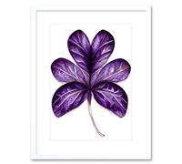 Artery8 Wall Art Print Purple on White Six Clover Modern Simple Leaf Artwork Framed 9X7 Inch | Size: W7" x H9" Artery8 White W7" x H9"