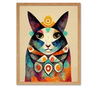 Artery8 Wall Art Print Quirky Boho Abstract Modern Shaman Guru Cat Art Framed in Light Oak | Size: W12" x H16" Artery8 Light Oak W12" x H16"