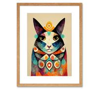 Artery8 Wall Art Print Quirky Boho Abstract Modern Shaman Guru Cat Artwork Framed 9X7 Inch in Beige | Size: W7" x H9" Artery8 Beige W7" x H9"