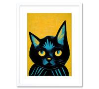Artery8 Wall Art Print Quirky Bold Black Cat Yellow Blue Artwork Framed 9X7 Inch in White | Size: W7" x H9" Artery8 White W7" x H9"