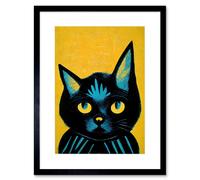 Artery8 Wall Art Print Quirky Bold Black Cat Yellow Blue Artwork Framed 9X7 Inch | Size: W7" x H9" Artery8 Black W7" x H9"