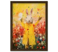 Artery8 Rabbit in a Yellow Rain Mac Oil Painting Bright Floral Meadow Kids Bedroom Nursery Artwork Framed Wall Art Print A4