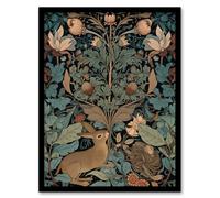 Artery8 Wall Art Print Rabbit In Abstract Ornate Shrubs Art Nouveau Painting Teal Blue Tan Cute Woodland Creature & Autumn Forest Plants Art Framed Artery8 Green W12" x H16"