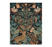 Artery8 Wall Art Print Rabbit In Abstract Ornate Shrubs Art Nouveau Painting Teal Blue Tan Cute Woodland Creature & Autumn Forest Plants Poster Artery8 Green W12" x H16"