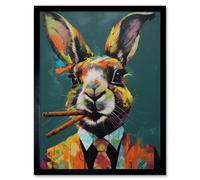 Artery8 Framed Wall Art Rabbit With Cheroot Cigars Wearing Suit Modern - 12X16 Inch