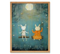 Artery8 Wall Art Print Rabbits on a Swing with Moonlit Butterflies Calming Baby Nursery Artwork Art Framed in Light Oak | Size: W12" x H16" Artery8 Light Oak W12" x H16"