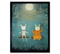 Artery8 Wall Art Print Rabbits on a Swing with Moonlit Butterflies Calming Baby Nursery Artwork Art Framed in Black | Size: W12" x H16" Artery8 Black W12" x H16"