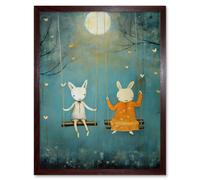 Artery8 Wall Art Print Rabbits on a Swing with Moonlit Butterflies Calming Baby Nursery Artwork Art Framed in Brown | Size: W12" x H16" Artery8 Brown W12" x H16"