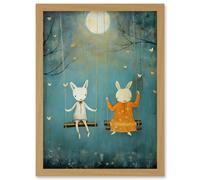 Wall Art Print Rabbits on a Swing with Moonlit Butterflies Calming Baby Nursery Artwork Framed A4 Artery8 Light Oak A4