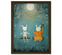 Wall Art Print Rabbits on a Swing with Moonlit Butterflies Calming Baby Nursery Artwork Framed A4 Artery8 Brown A4