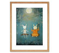 Artery8 Wall Art Print Rabbits on a Swing with Moonlit Butterflies Calming Baby Nursery Artwork Framed 9X7 Inch in Beige | Size: W7" x H9" Artery8 Beige W7" x H9"