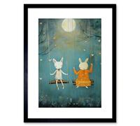 Artery8 Wall Art Print Rabbits on a Swing with Moonlit Butterflies Calming Baby Nursery Artwork Framed 9X7 Inch in Black | Size: W7" x H9" Artery8 Black W7" x H9"