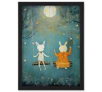 Wall Art Print Rabbits on a Swing with Moonlit Butterflies Calming Baby Nursery Artwork Framed A4 Artery8 Black A4