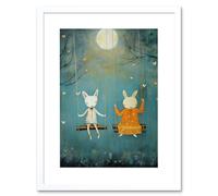 Artery8 Wall Art Print Rabbits on a Swing with Moonlit Butterflies Calming Baby Nursery Artwork Framed 9X7 Inch in White | Size: W7" x H9" Artery8 White W7" x H9"