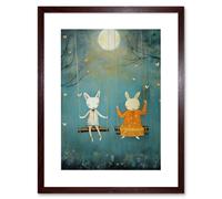Artery8 Wall Art Print Rabbits on a Swing with Moonlit Butterflies Calming Baby Nursery Artwork Framed 9X7 Inch in Brown | Size: W7" x H9" Artery8 Brown W7" x H9"
