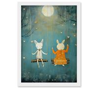 Wall Art Print Rabbits on a Swing with Moonlit Butterflies Calming Baby Nursery Artwork Framed A4 Artery8 White A4
