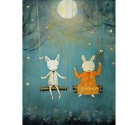 Artery8 Wall Art Print Rabbits on a Swing with Moonlit Butterflies Calming Baby Nursery Artwork Poster in Blue | Size: W12" x H16" Artery8 Blue W12" x H16"