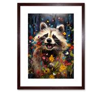 Artery8 Wall Art Print Racoon Romp Playing in a Wildflower Meadow Oil Painting Running Through Flowers in Spring Quirky Portrait Artwork Framed 9X7 Artery8 Brown W7" x H9"