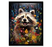 Artery8 Wall Art Print Racoon Romp Playing in a Wildflower Meadow Oil Painting Running Through Flowers in Spring Quirky Portrait Art Framed Artery8 Black W12" x H16"