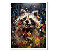 Artery8 Wall Art Print Racoon Romp Playing in a Wildflower Meadow Oil Painting Running Through Flowers in Spring Quirky Portrait Art Framed Artery8 White W12" x H16"
