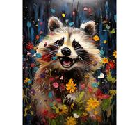 Artery8 Wall Art Print Racoon Romp Playing in a Wildflower Meadow Oil Painting Running Through Flowers in Spring Quirky Portrait Poster Artery8 Black W12" x H16"