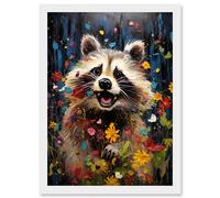 Wall Art Print Racoon Romp Playing in a Wildflower Meadow Oil Painting Running Through Flowers in Spring Quirky Portrait Artwork Framed A4 Artery8 White A4