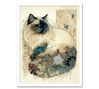Artery8 Wall Art Print Ragdoll Cat with Floral Pattern Tail Modern Watercolour Art Framed in White | Size: W12" x H16" Artery8 White W12" x H16"