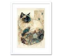 Artery8 Wall Art Print Ragdoll Cat with Floral Pattern Tail Modern Watercolour Artwork Framed 9X7 Inch in White | Size: W7" x H9" Artery8 White W7" x H9"