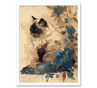 Artery8 Wall Art Print Ragdoll Cat with Floral Patterns Watercolour Art Framed in White | Size: W12" x H16" Artery8 White W12" x H16"
