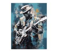 Wall Art Print Ragtime Blues Watercolour Artwork Musician Playing Electric Guitar Portrait Painting Poster Artery8 Blue W24 inch x H32 inch