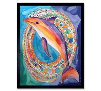 Artery8 Framed Wall Art Rainbow Dolphin And Pattern Hoop Folk Art Watercolour Painting - 12X16 Inch