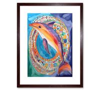 Artery8 Wall Art Print Rainbow Dolphin & Pattern Hoop Folk Art Watercolour Painting Artwork Framed 9X7 Inch in Brown | Size: W7" x H9" Artery8 Brown W7" x H9"