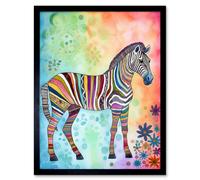 Artery8 Wall Art Print Rainbow Floral Zebra Folk Art Framed in Black | Size: W12" x H16" Artery8 Black W12" x H16"