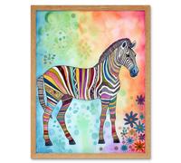 Artery8 Wall Art Print Rainbow Floral Zebra Folk Art Framed in Light Oak | Size: W12" x H16" Artery8 Light Oak W12" x H16"