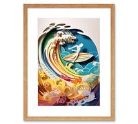 Artery8 Wall Art Print Rainbow Kirigami Surfer Surfing Coastal Landscape Artwork Framed 9X7 Inch in Beige | Size: W7" x H9" Artery8 Beige W7" x H9"