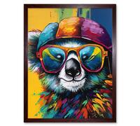 Artery8 Wall Art Print Rainbow Koala Bear with Sunglasses & Hat Modern Art Framed in Brown | Size: W12" x H16" Artery8 Brown W12" x H16"