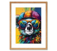 Artery8 Wall Art Print Rainbow Koala Bear with Sunglasses & Hat Modern Artwork Framed 9X7 Inch in Beige | Size: W7" x H9" Artery8 Beige W7" x H9"