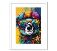 Artery8 Wall Art Print Rainbow Koala Bear with Sunglasses & Hat Modern Artwork Framed 9X7 Inch in White | Size: W7" x H9" Artery8 White W7" x H9"